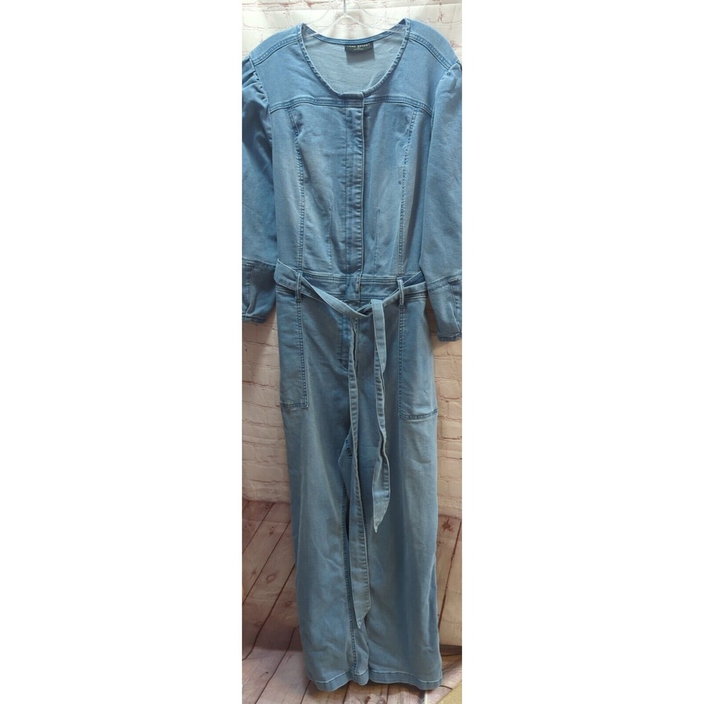 Lane Bryant blue jean romper 24S 24 short belted waist zip front wide leg 3/4slv - Picture 2 of 15